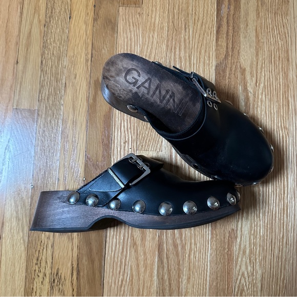 Ganni Shoes - GANNI Black Leather Studded Wooden Clogs 39 - EUC